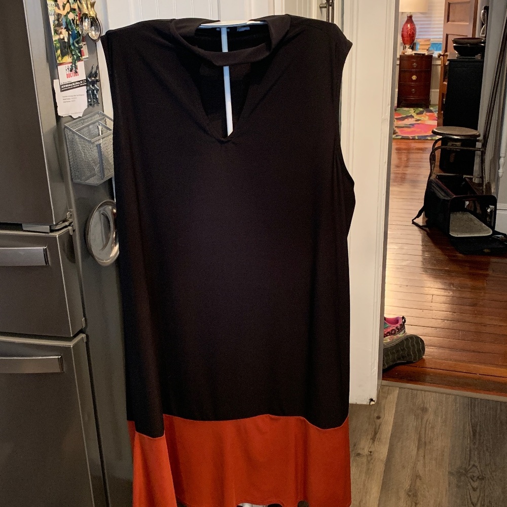 Tiana B. Plus size Choker‎ neck colorblock dress in black and rust. Worn 2x